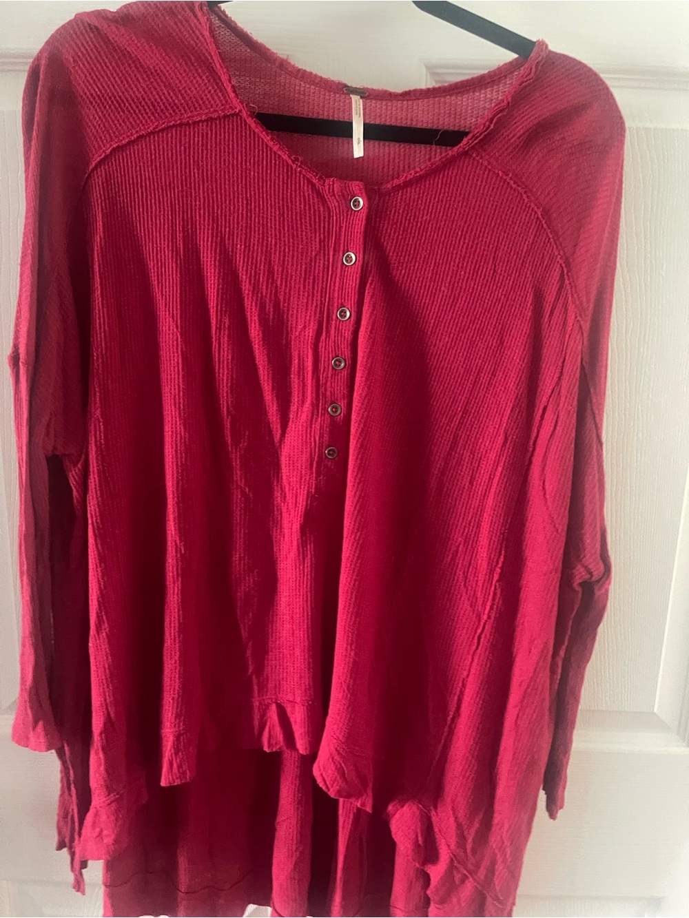 Free People Raspberry Red Henley Waffle Long Sleeve Top